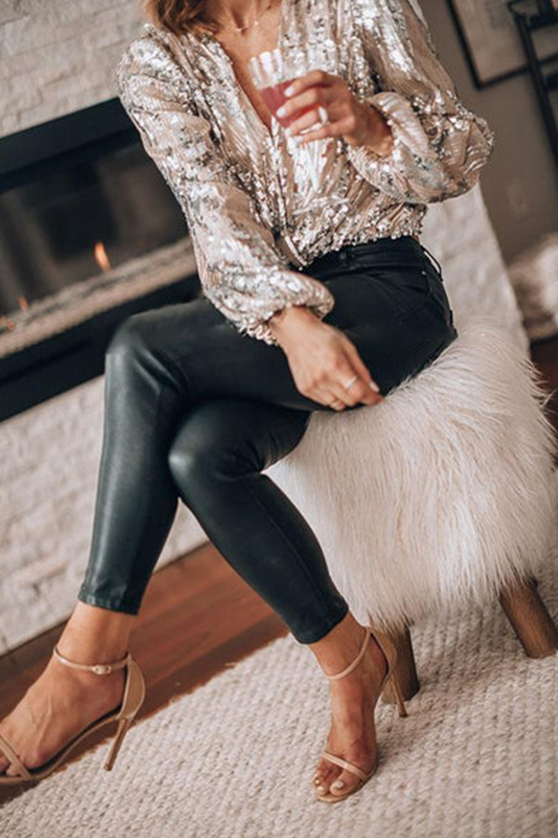 Silver sequin V-neck long-sleeve blouse with layered fringe sleeves