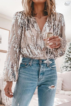 Silver sequin V-neck long-sleeve blouse with sparkling stripe pattern