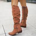 Slouchy knee-high riding boots in rust brown, low block heel, side zipper