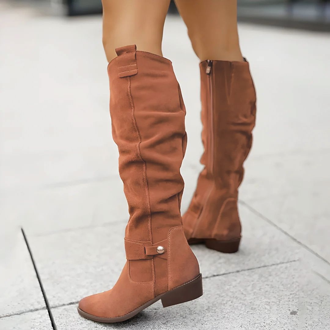 Slouchy knee-high riding boots in rust brown, low block heel, side zipper