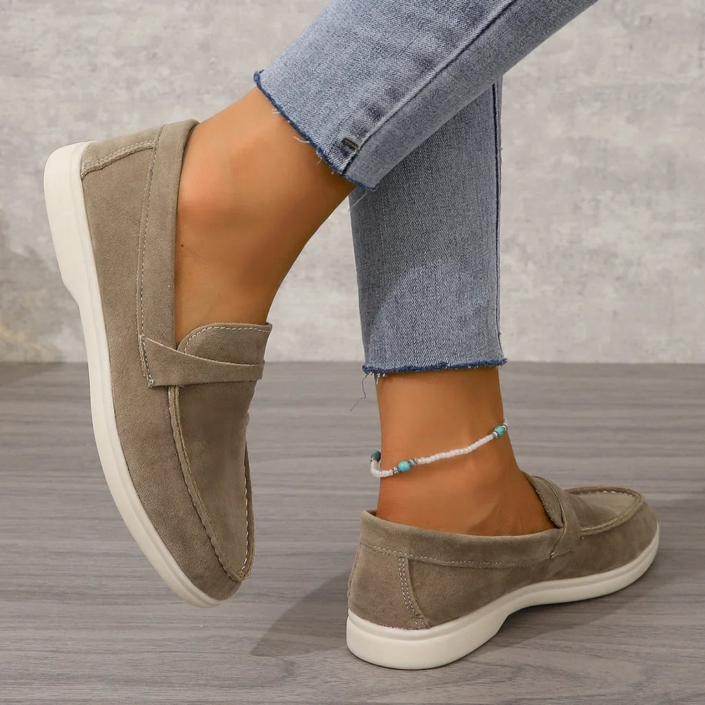 Women's suede loafers, beige slip-on with cushioned insole and padded collar