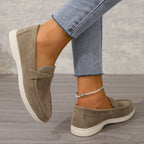Women's suede loafers, beige slip-on with cushioned insole and padded collar