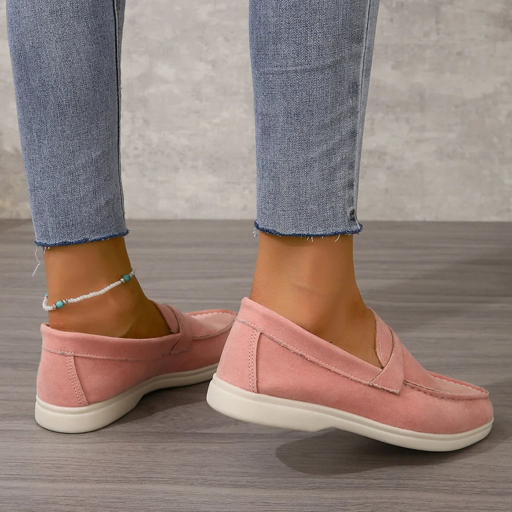Women's suede loafers, pink slip-on with cushioned insole and low-profile sole