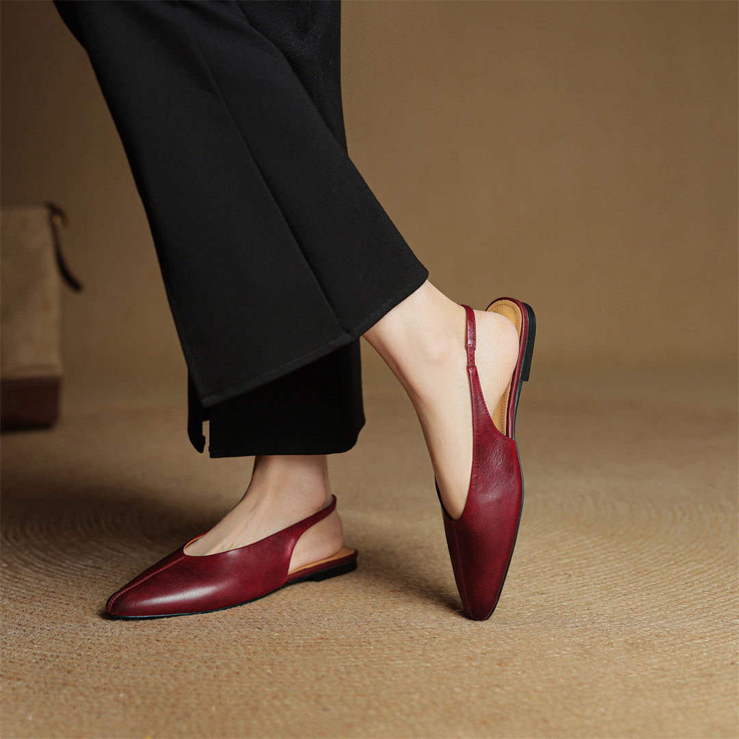 Wine red leather slingback flats with cushioned footbed, low heel