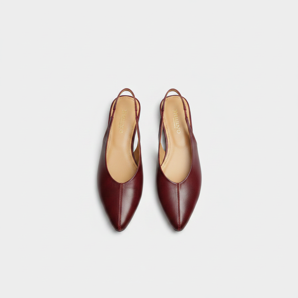 Wine red leather slingback flats with pointed toe, two shoes side by side