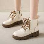 Women’s white lace-up ankle boots with side zipper, round toe, chunky lug sole