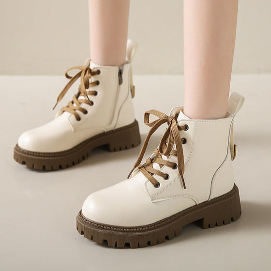 Women’s white lace-up ankle boots with side zipper, round toe, chunky lug sole