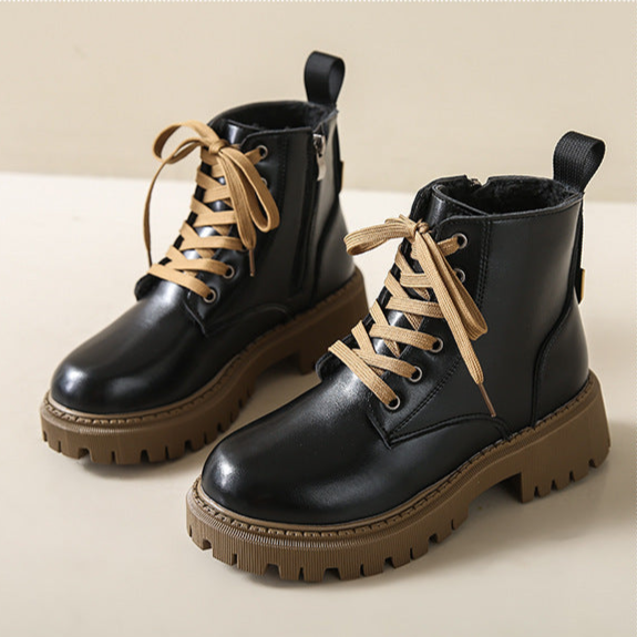 Women’s black lace-up ankle boots with side zipper, round toe, and rugged lug sole