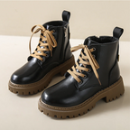 Women’s black lace-up ankle boots with side zipper, round toe, and rugged lug sole