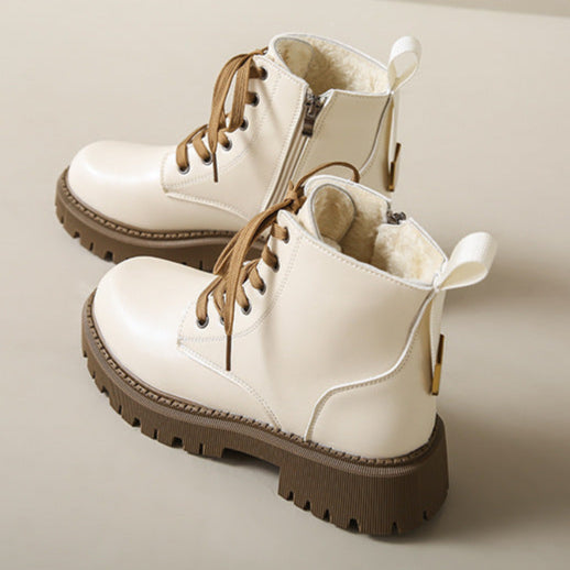 Women's white side-zip lace-up boots with round toe and cushioned collar lining