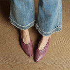 Mauve leather slingback flats, pointed toe and low heel on tan insole