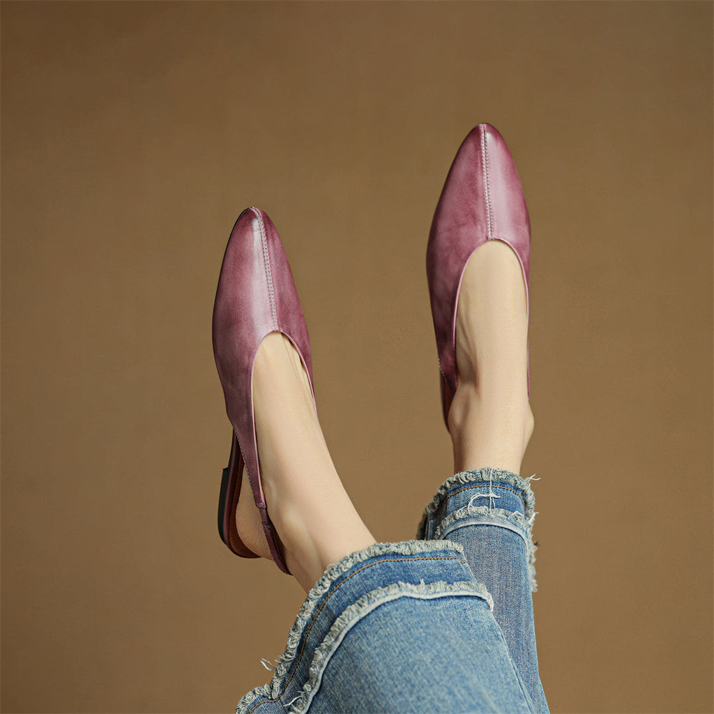 Mauve leather slingback flats with pointed toe and cushioned footbed