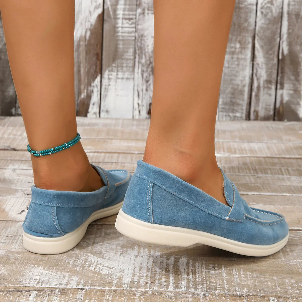 Women's suede loafers, blue slip-on with cushioned insole and moc seam