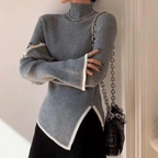 Gray ribbed turtleneck sweater with contrast hem and side slit