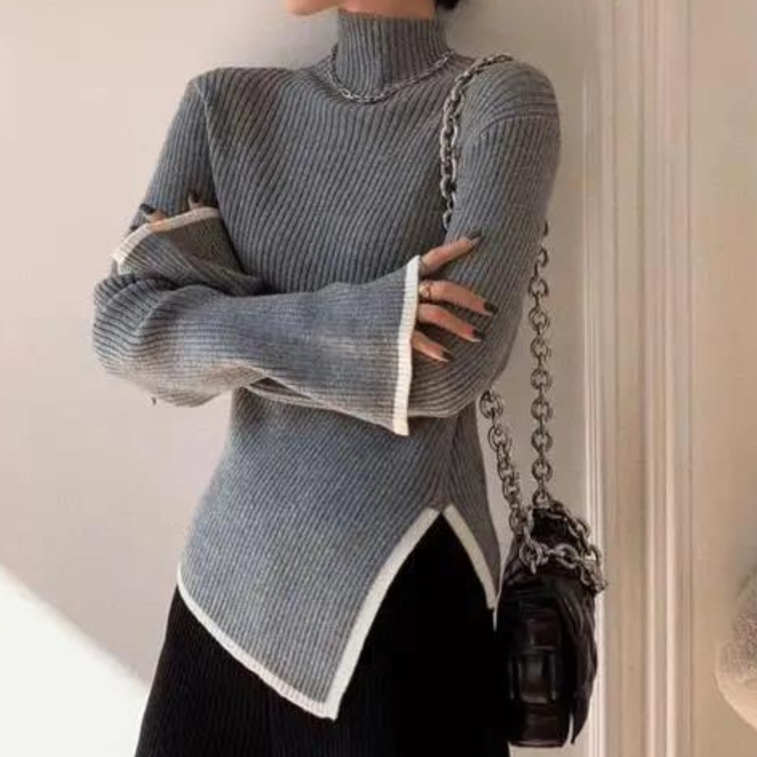 Gray ribbed turtleneck sweater with contrast hem and side slit