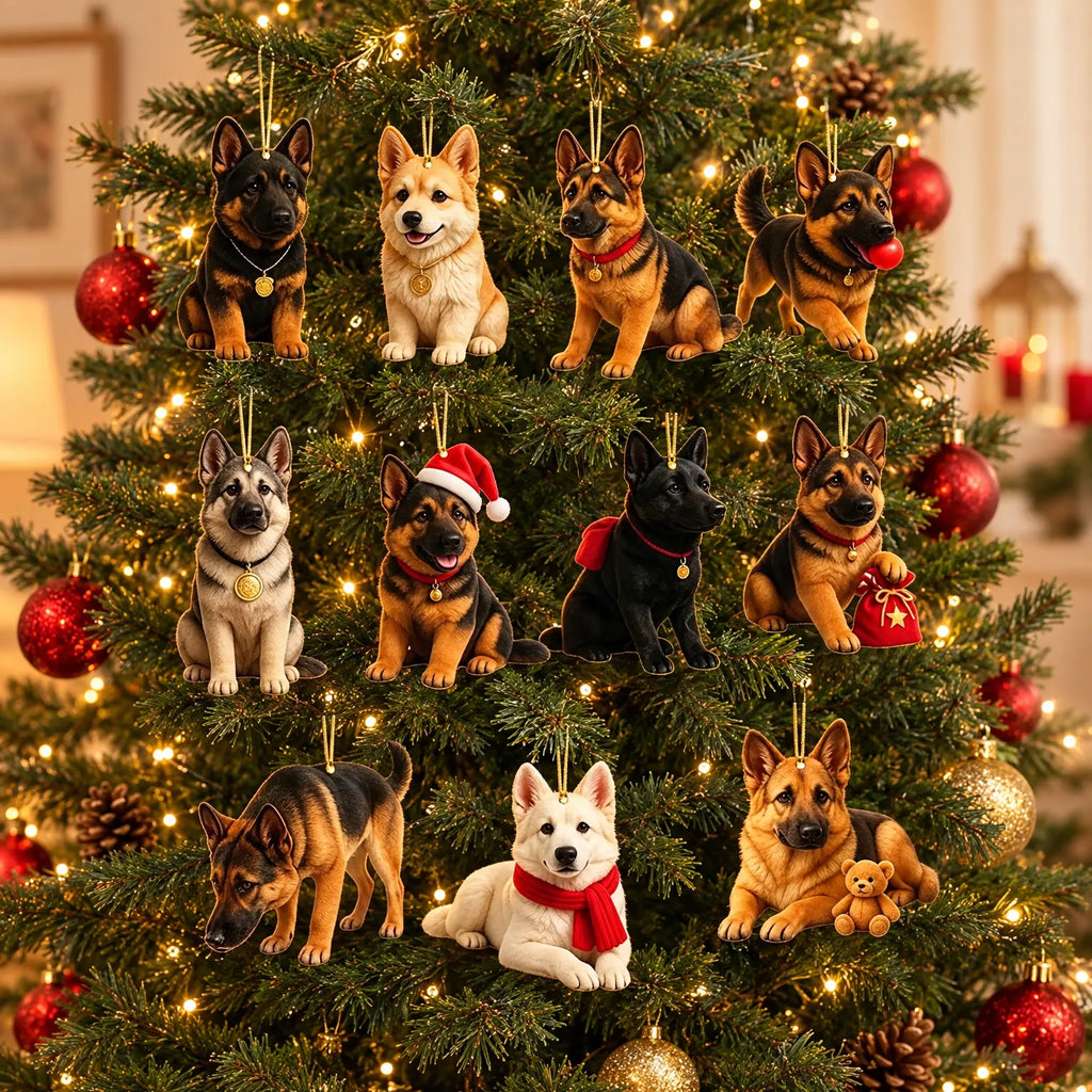 German Shepherd acrylic ornament set with multiple dog figures on Christmas tree