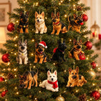 German Shepherd acrylic ornament set with multiple dog figures on Christmas tree