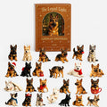German Shepherd advent calendar with acrylic ornament figures in display tray