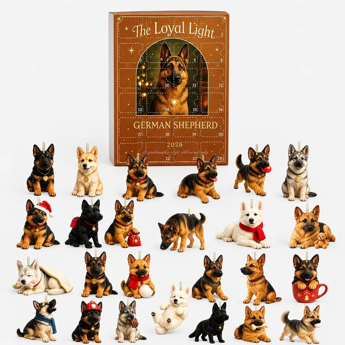 German Shepherd advent calendar with acrylic ornament figures in display tray