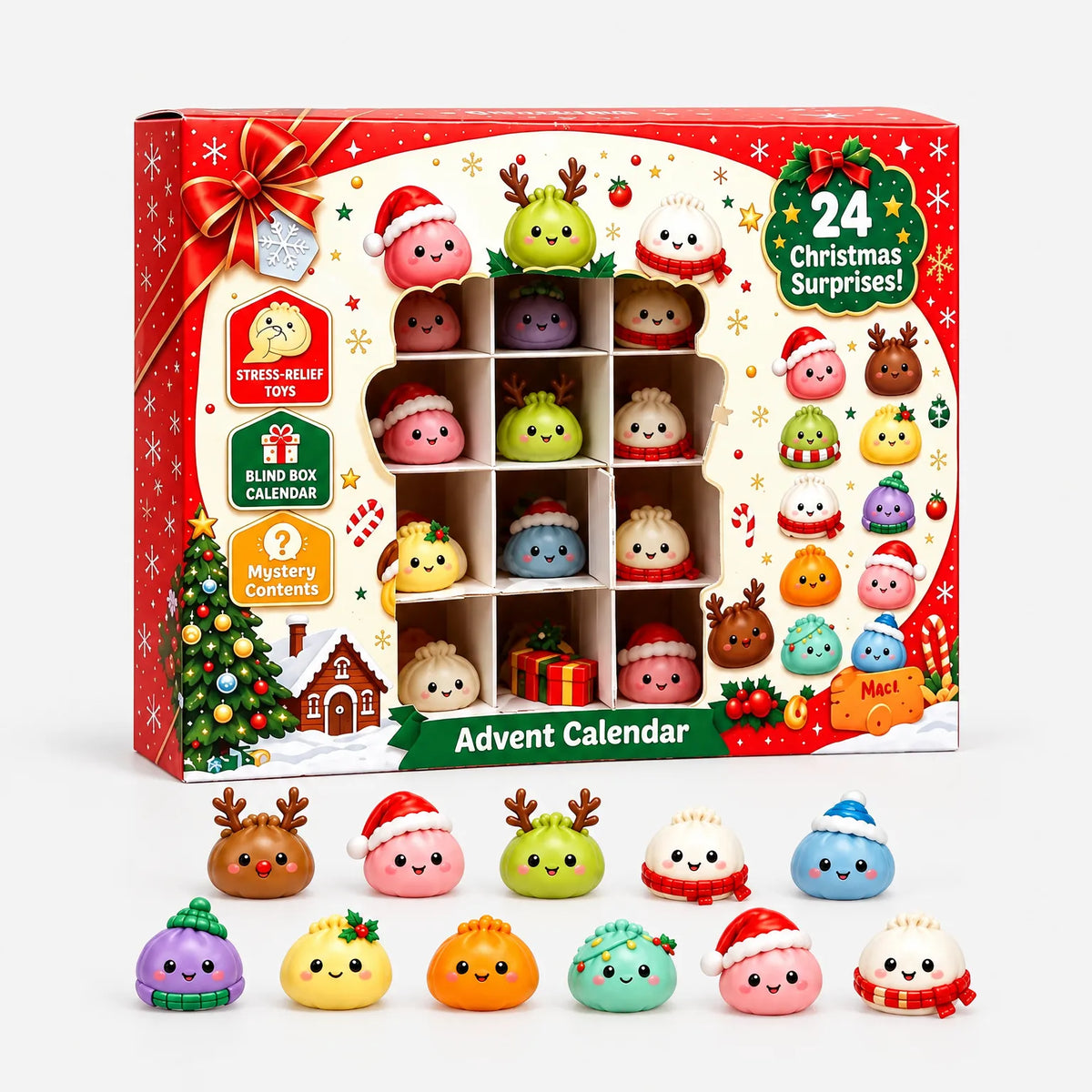 Dumpling blind box advent calendar with red display box and 24 surprise figures