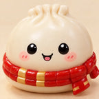 Squishy white dumpling blind box figure with smiling face and red scarf