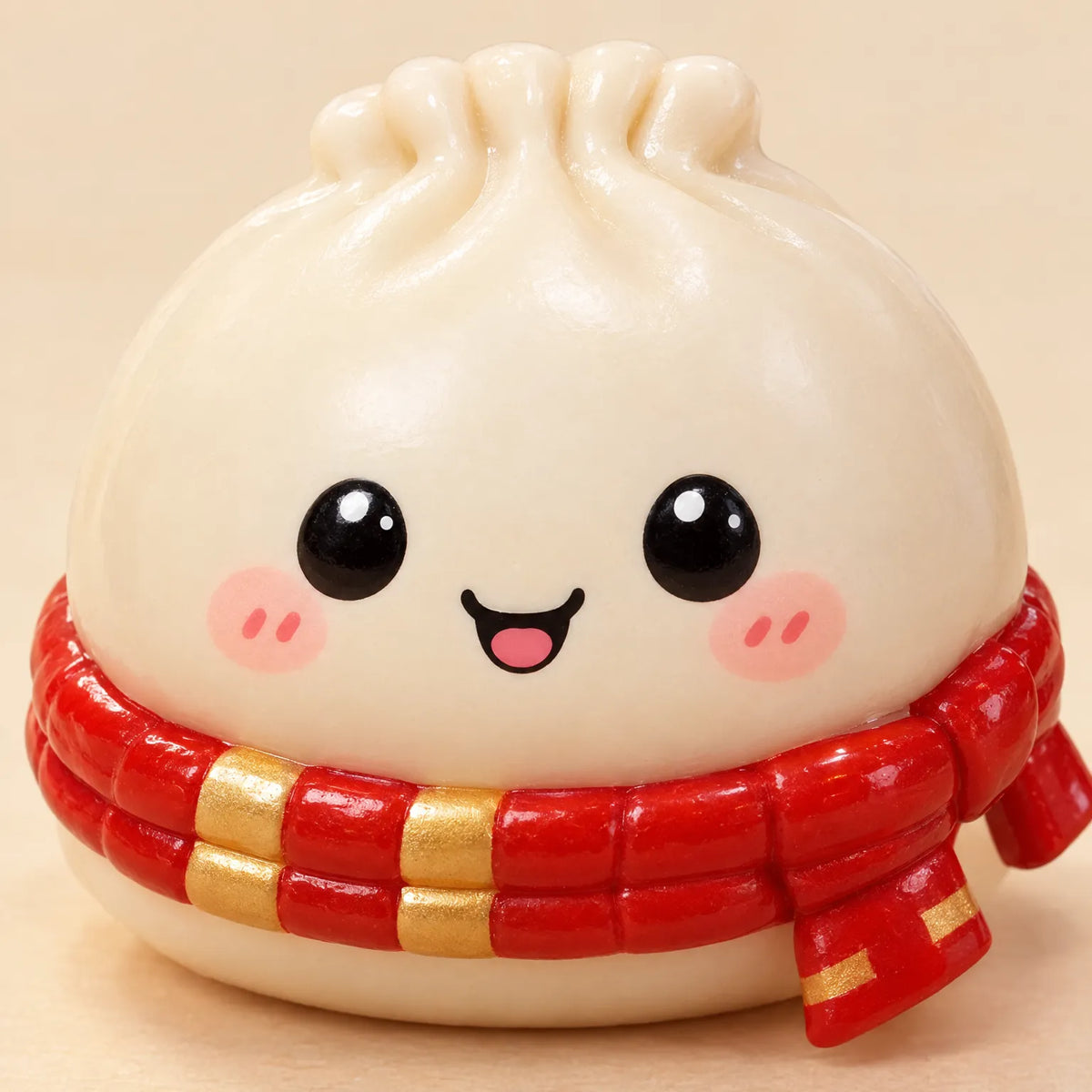Squishy white dumpling blind box figure with smiling face and red scarf