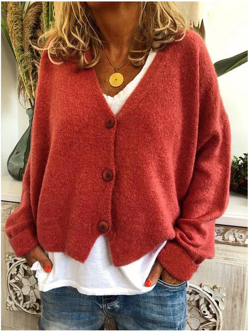 Women's V-neck button cardigan, rust red knit with long sleeves