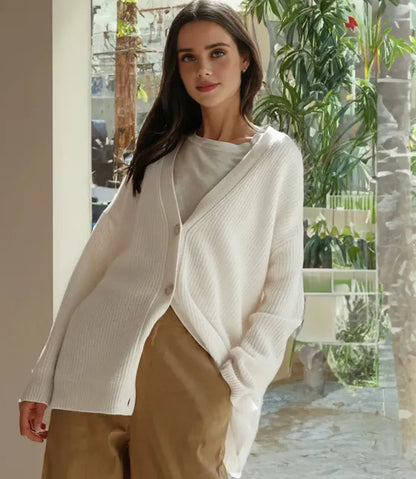 Women's cashmere cardigan, white V-neck with button front and ribbed knit cuffs