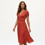 Red printed A-line midi dress with V-neck and short sleeves