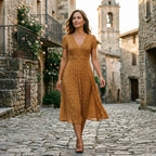 Brown/gold A-line midi dress with V-neck and short puff sleeves, textured print.