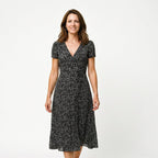 Black printed A-line midi dress with V-neck and short sleeves