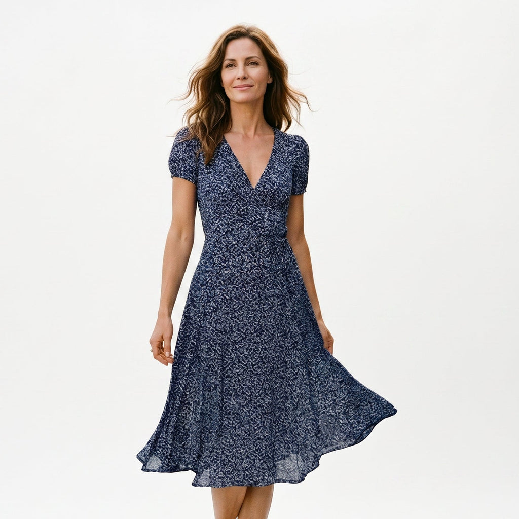 Blue A-line midi dress with V-neck and short puff sleeves, textured fabric.