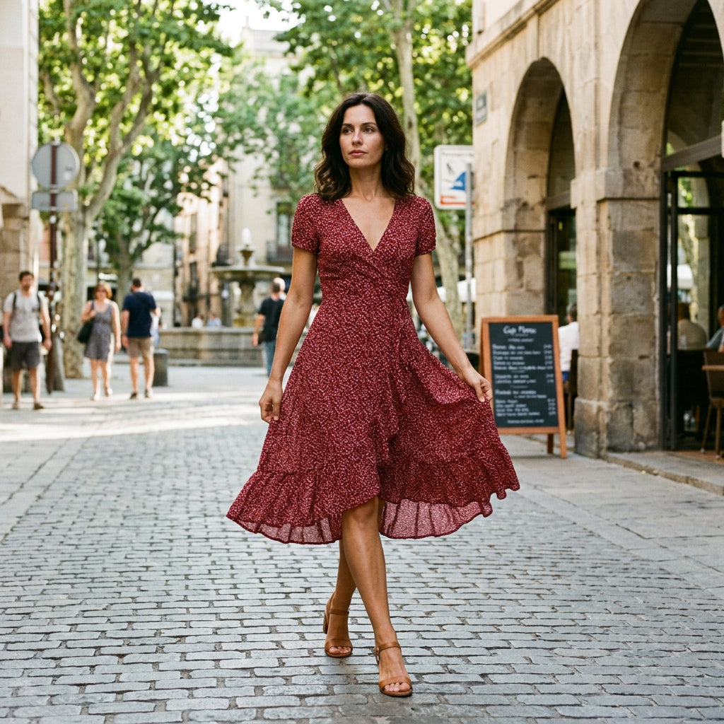 Burgundy A-line midi dress with V-neck and short puff sleeves, textured print.