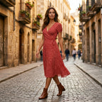 Red A-line midi dress with V-neck and short puff sleeves, textured fabric detail.