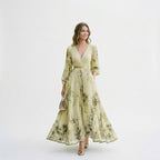 Floral long-sleeve maxi dress, light green with yellow-tone blooms