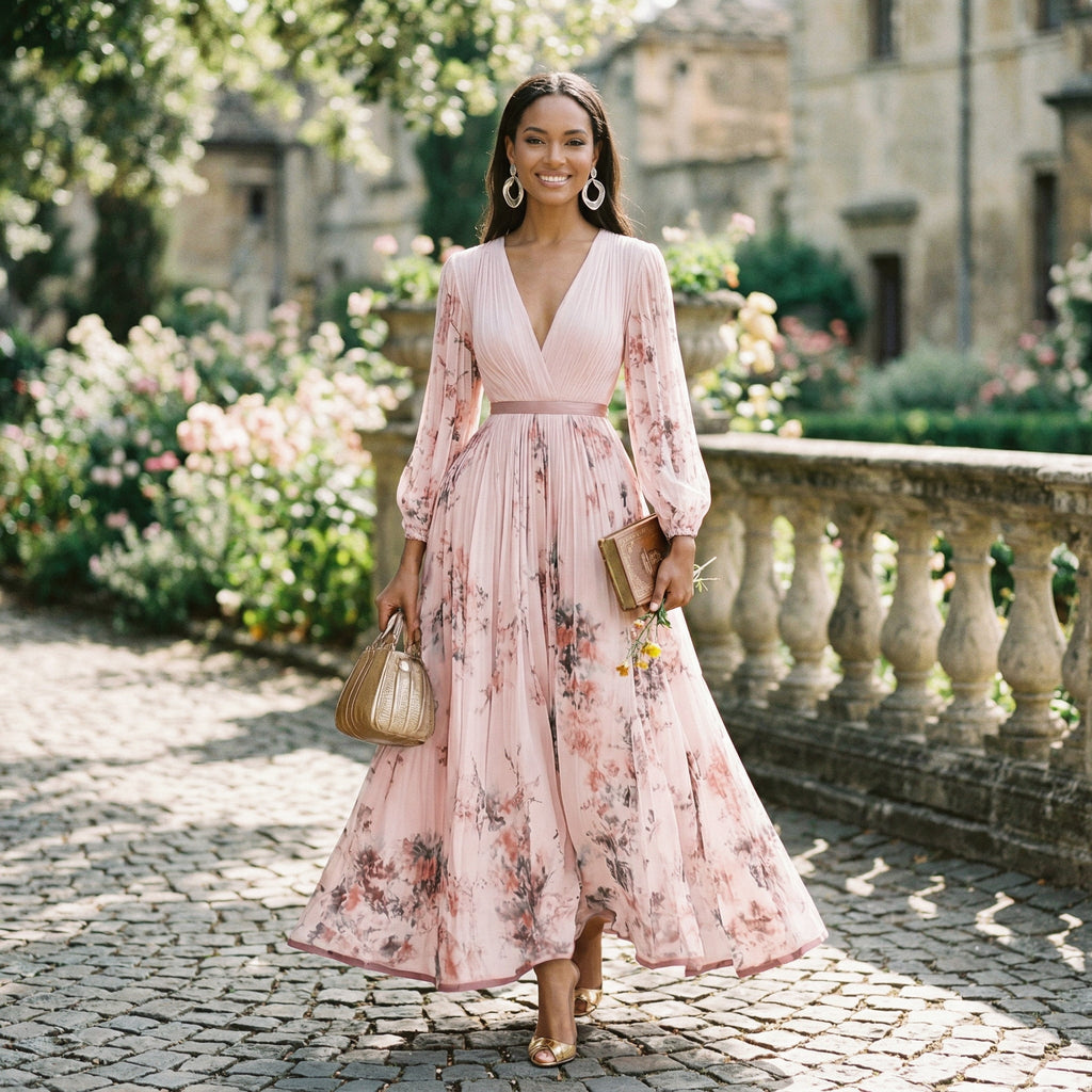 Pink maxi dress with V-neck, long pleated skirt, gathered waist, floral print