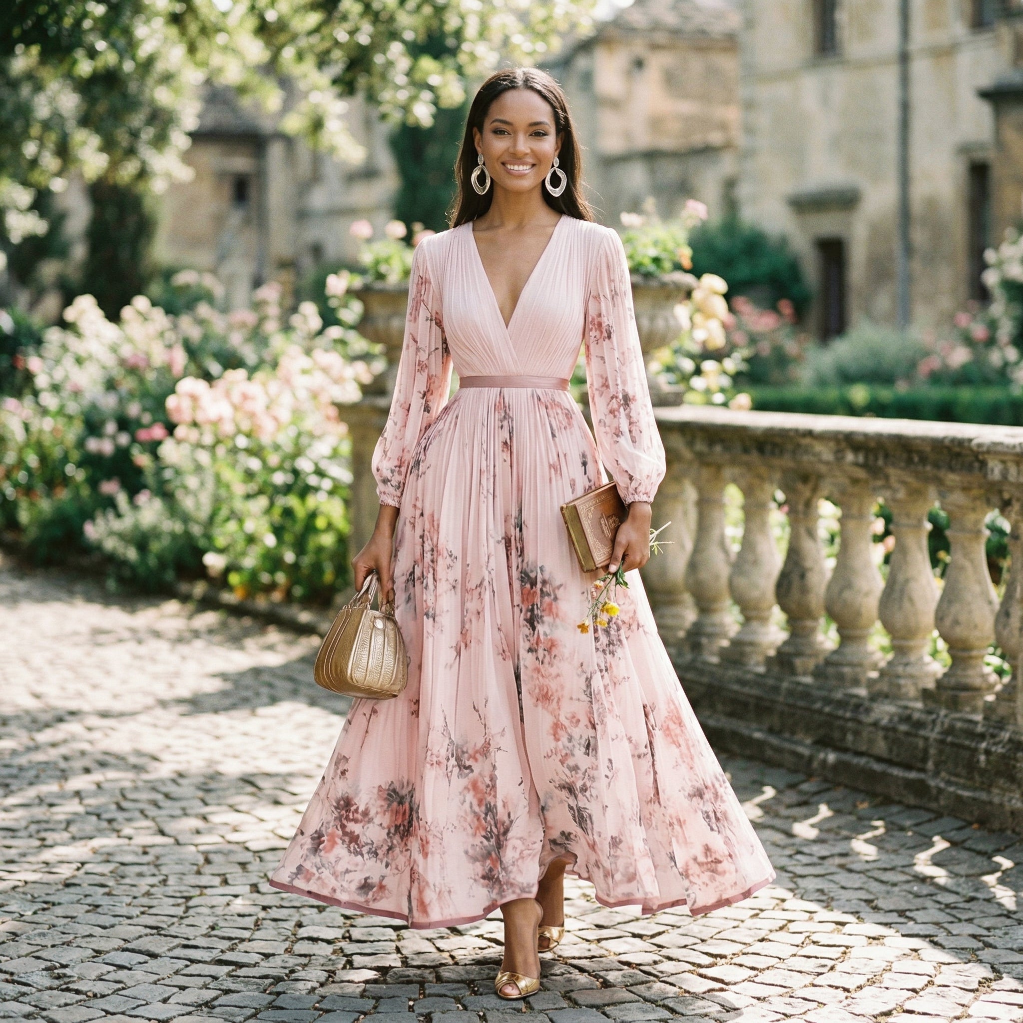 Pink maxi dress with V-neck, long pleated skirt, gathered waist, floral print