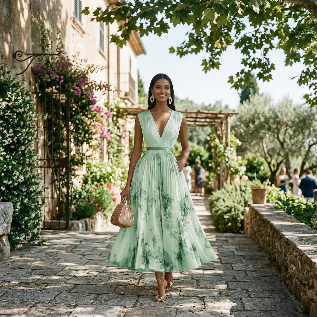 Mint green maxi dress with V-neck, sleeveless fitted bodice, gathered waist, floral print