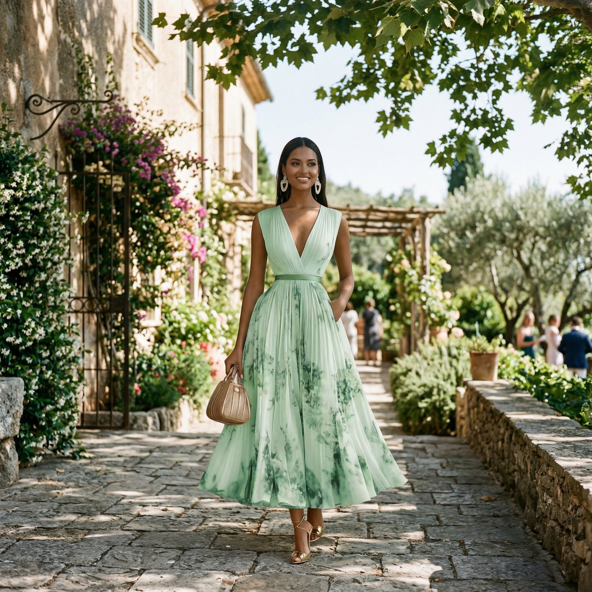 Mint green maxi dress with V-neck, sleeveless fitted bodice, gathered waist, floral print
