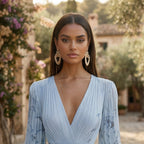 Light blue maxi dress close-up: V-neck bodice and draped long sleeves, floral print