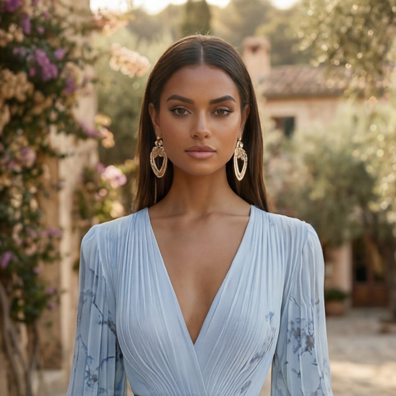 Light blue maxi dress close-up: V-neck bodice and draped long sleeves, floral print