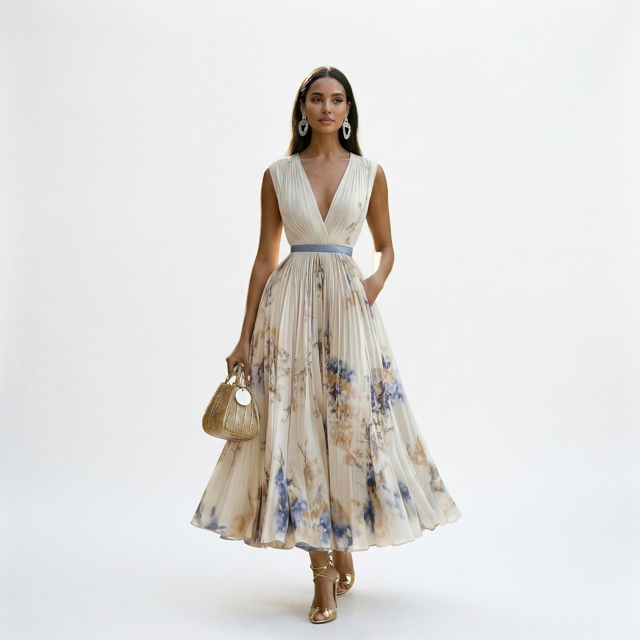 White maxi dress with V-neck and sleeveless shoulders, gathered waist, blue floral print