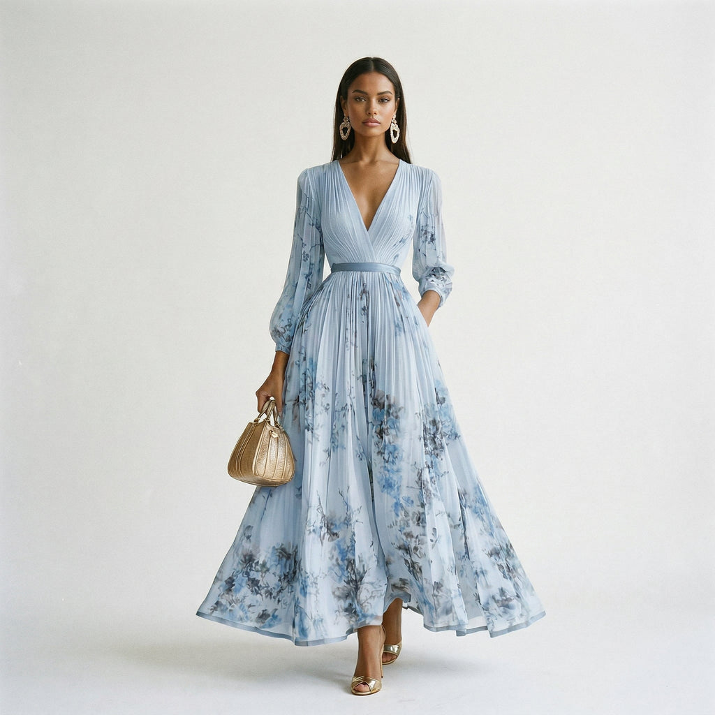 Light blue maxi dress with V-neck and long sleeves, gathered waist, allover floral print