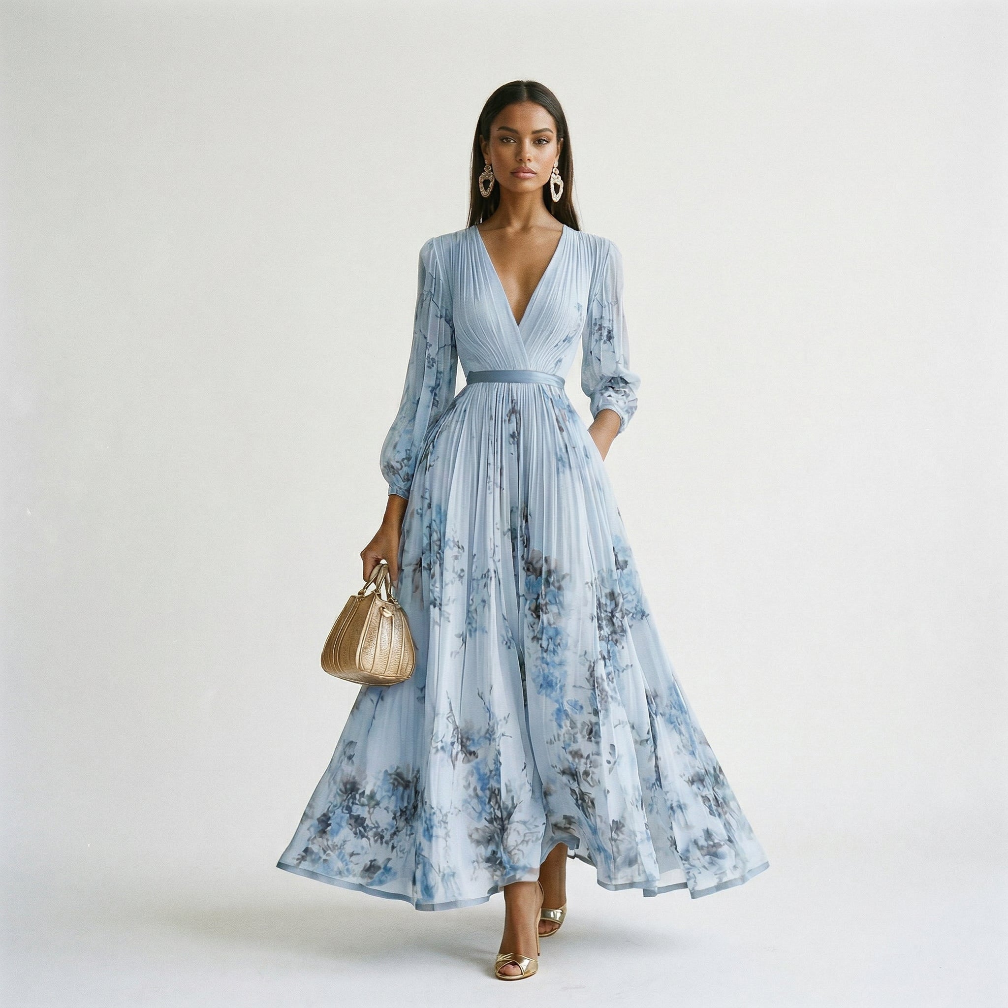Light blue maxi dress with V-neck and long sleeves, gathered waist, allover floral print