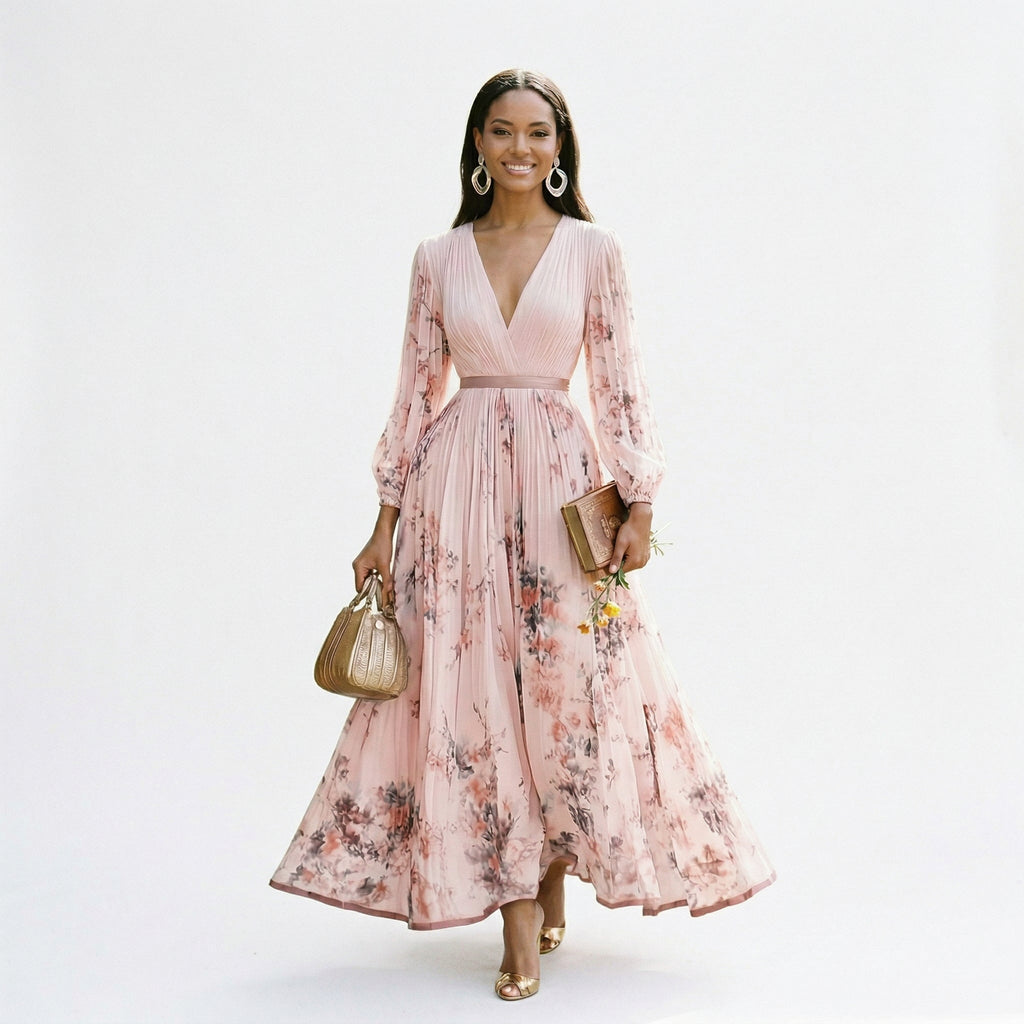 Floral long-sleeve maxi dress, dusty pink with rose-toned blossoms