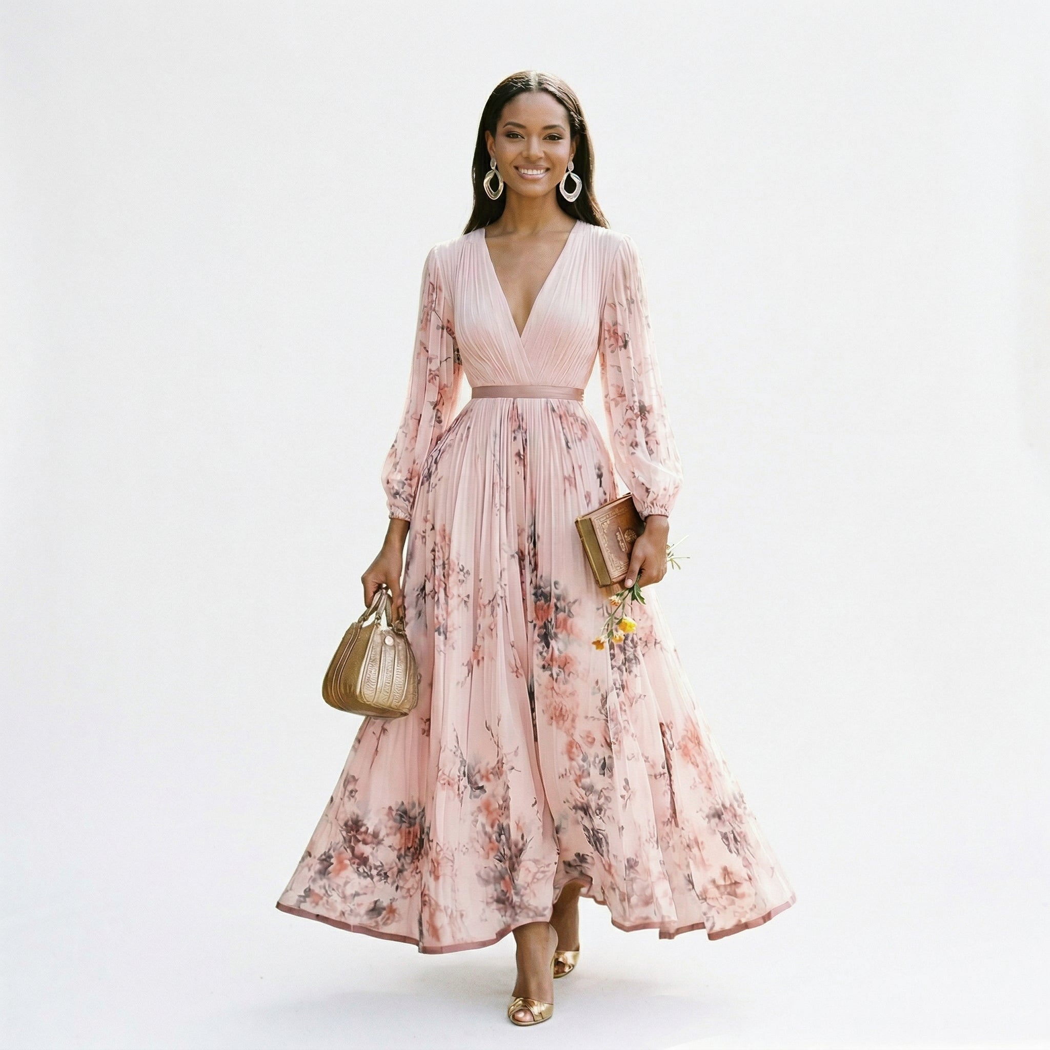 Floral long-sleeve maxi dress, dusty pink with rose-toned blossoms