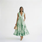Floral sleeveless maxi dress, mint green with darker green floral print