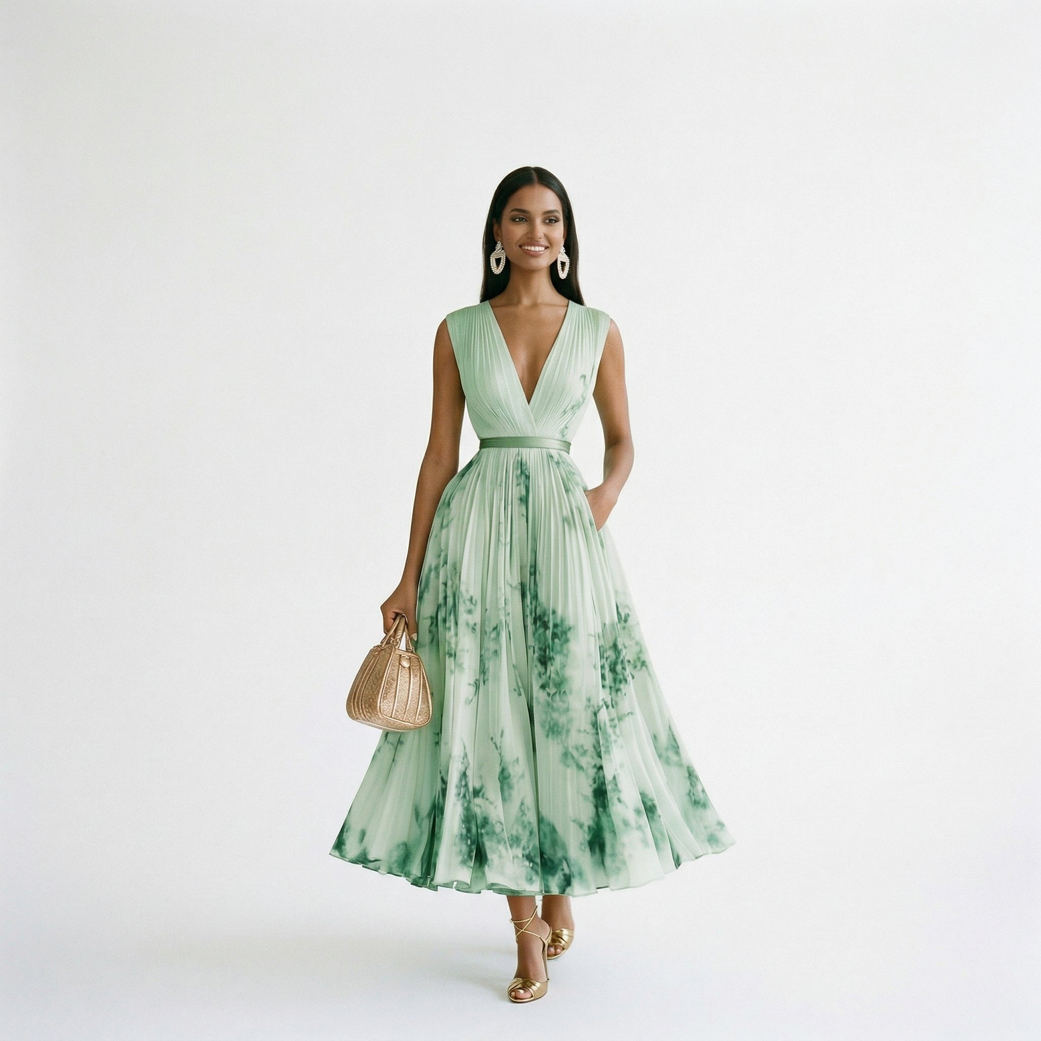 Floral sleeveless maxi dress, mint green with darker green floral print