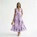 Floral sleeveless maxi dress, lavender purple with watercolor-style blooms