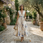 White maxi dress with V-neck bodice and long skirt, blue floral print